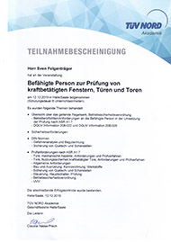 Befähigte Person zur Prüfung von kraftbetätigten Fenstern, Türen und Toren