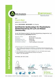 Zertifizierter sachkundiger für physikalische Dichtheitsprüfung mit Luft und Wasser