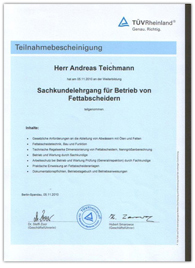 Sachkundelehrgang für Betrieb von Fettabscheidern